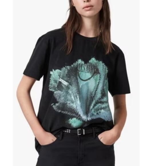 ALLSAINTS Quietus Graphic Tee Crew T-Shirt Black Teal Cotton Top Size XS - Picture 2 of 11